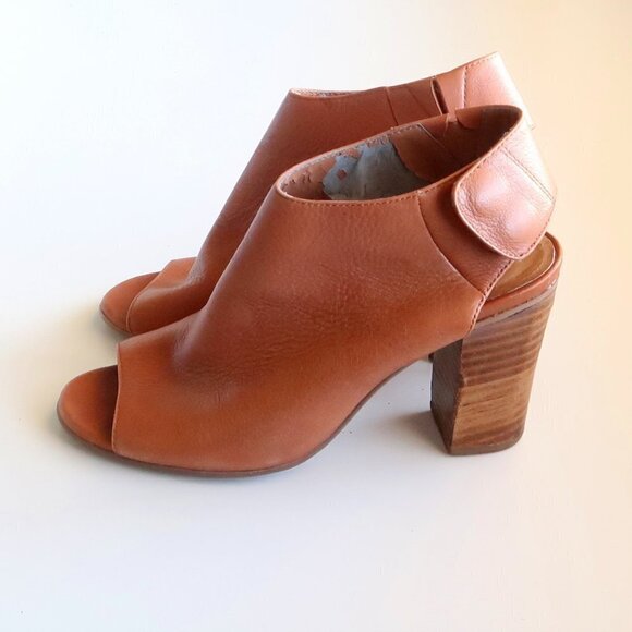 Matisse Tan Leather Peep-Toe Stacked Block Heel Bootie Shoes Size 7 - Picture 10 of 16